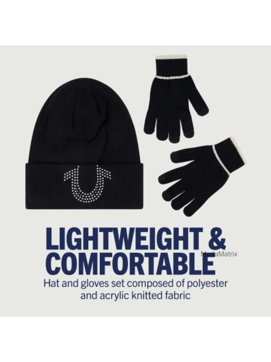 True Religion Rhinestone Knit Beanie & Touchscreen Glove Set - One Size